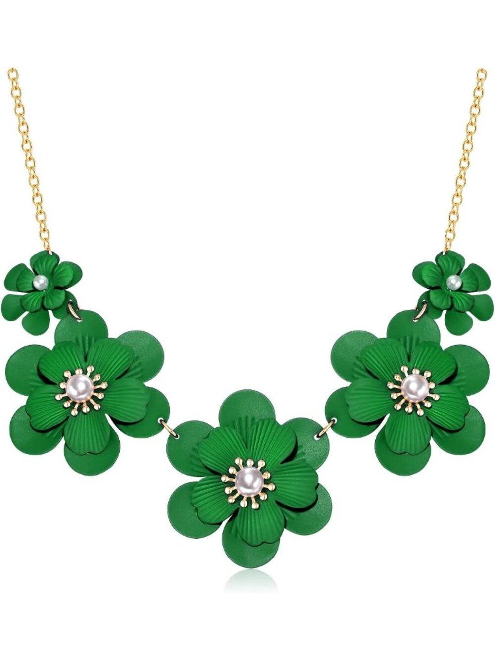 Women's Green Flower Matte Enamel Pearl Charm Choker Statement Necklace